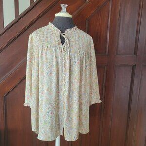 Rose & Olive Floral Prairie Blouse With Ruffle Collar & Tie Front 1x Button Up